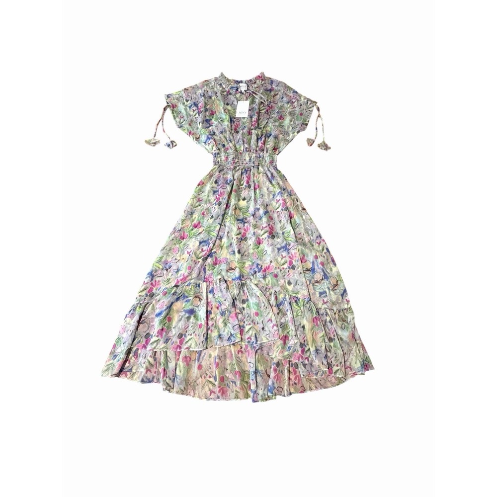 MISA Los Angeles Dress Small Watercolor Floral Midi Smocked Rainbow Boho #BB13-1 - Picture 11 of 12
